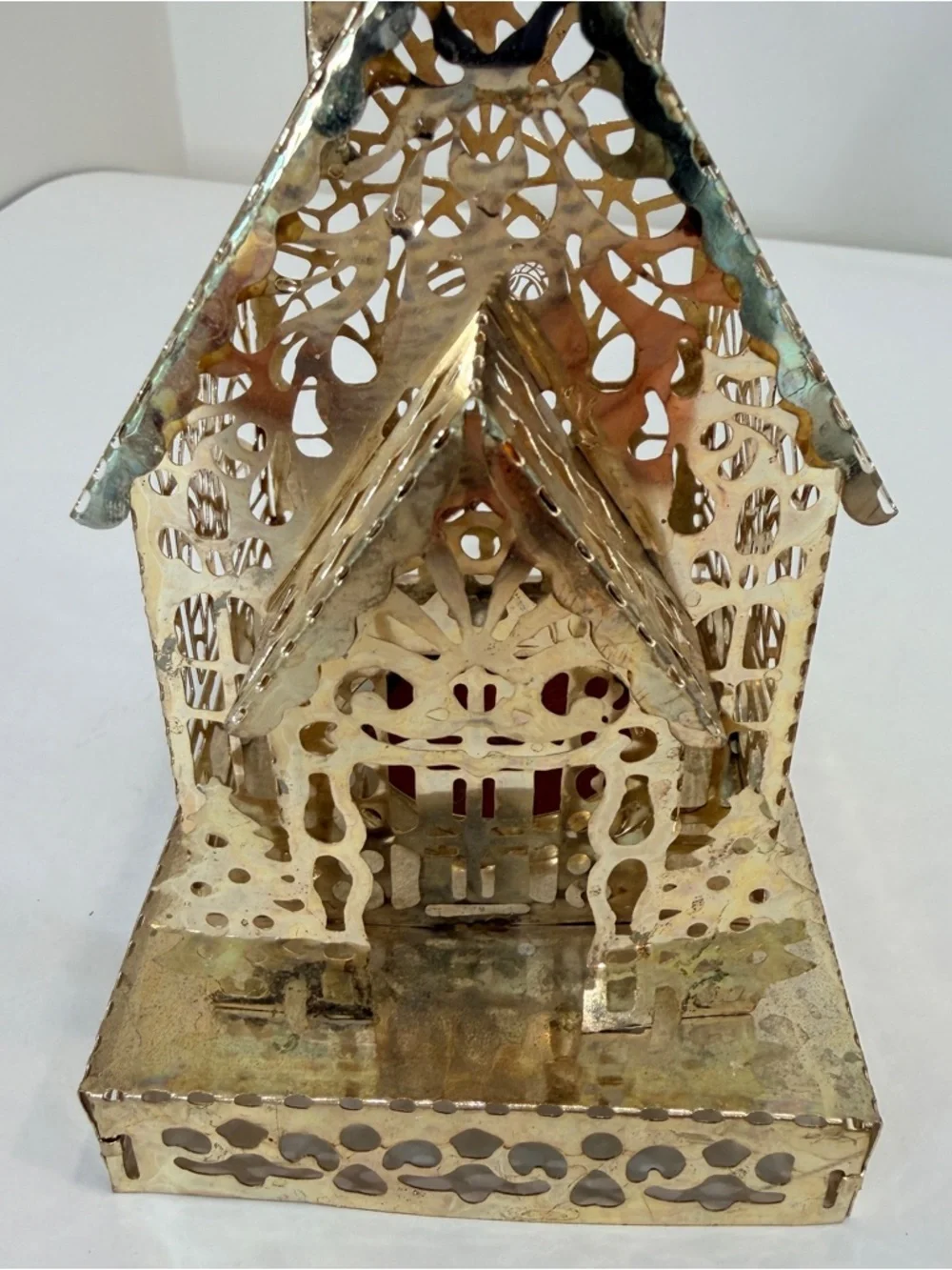 Vtg Brass Filigree Church Tea Light Votive Candle Holder 7.5